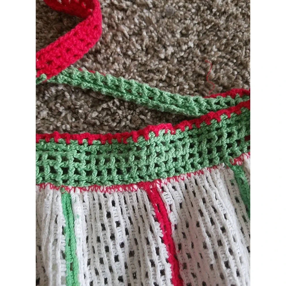 Vintage Crochet Apron Vertical Stripes white, red, green, blue.